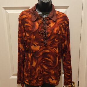 Vintage Y2K does 70’s Top XL Groovy Swirl Lace-Up Blouse Collared Faux Suede